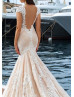 V Neck Ivory Lace Tulle Wedding Dress With Champagne Lining